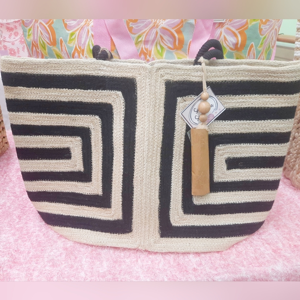 Tan and Black Woven Tote Bag